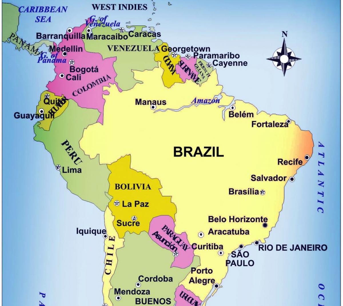 Brazilië op een kaart - Kaart van Brazilië (Zuid-Amerika - Amerika)