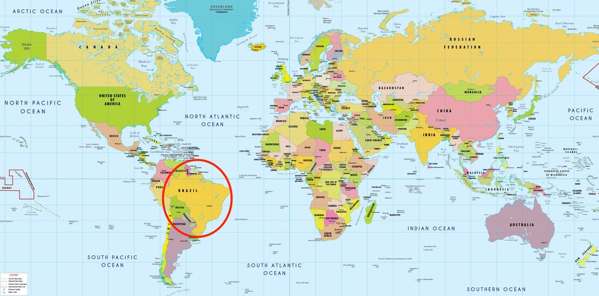Brazilië in kaart van de wereld