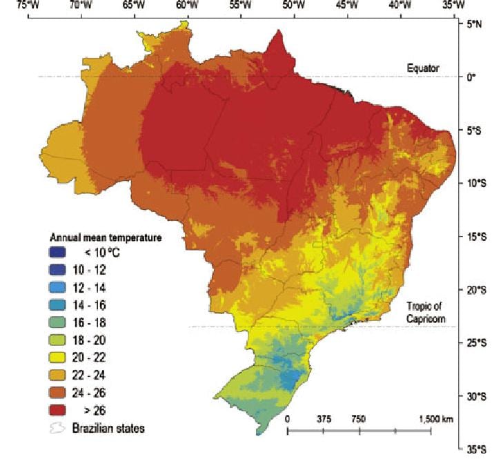 kaart van Brazilië temperatuur